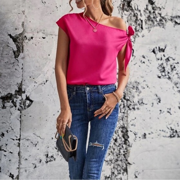 Knot Asymmetrical Neck Solid Blouse - Picture 2 of 6